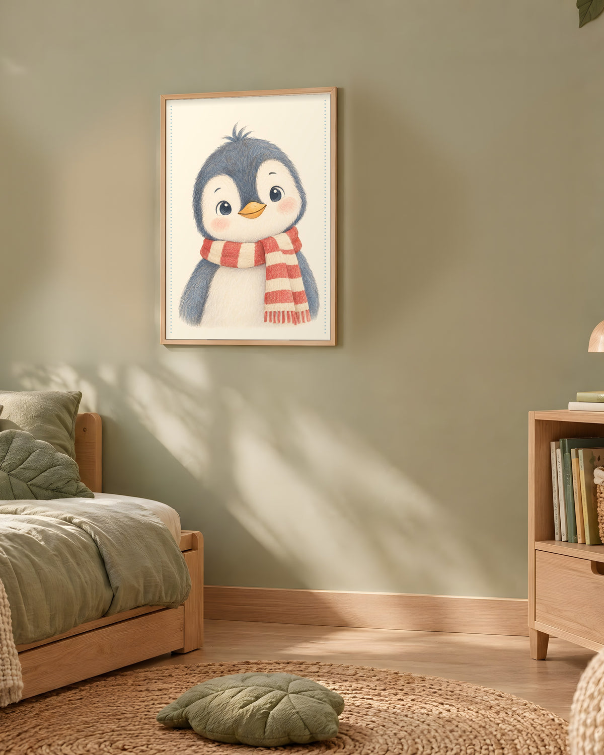 Poster Pingouin Écharpe Rayée Encadré – Décoration Chambre Bébé Animaux Aquarelle – Cadre Chêne Prêt à Accrocher