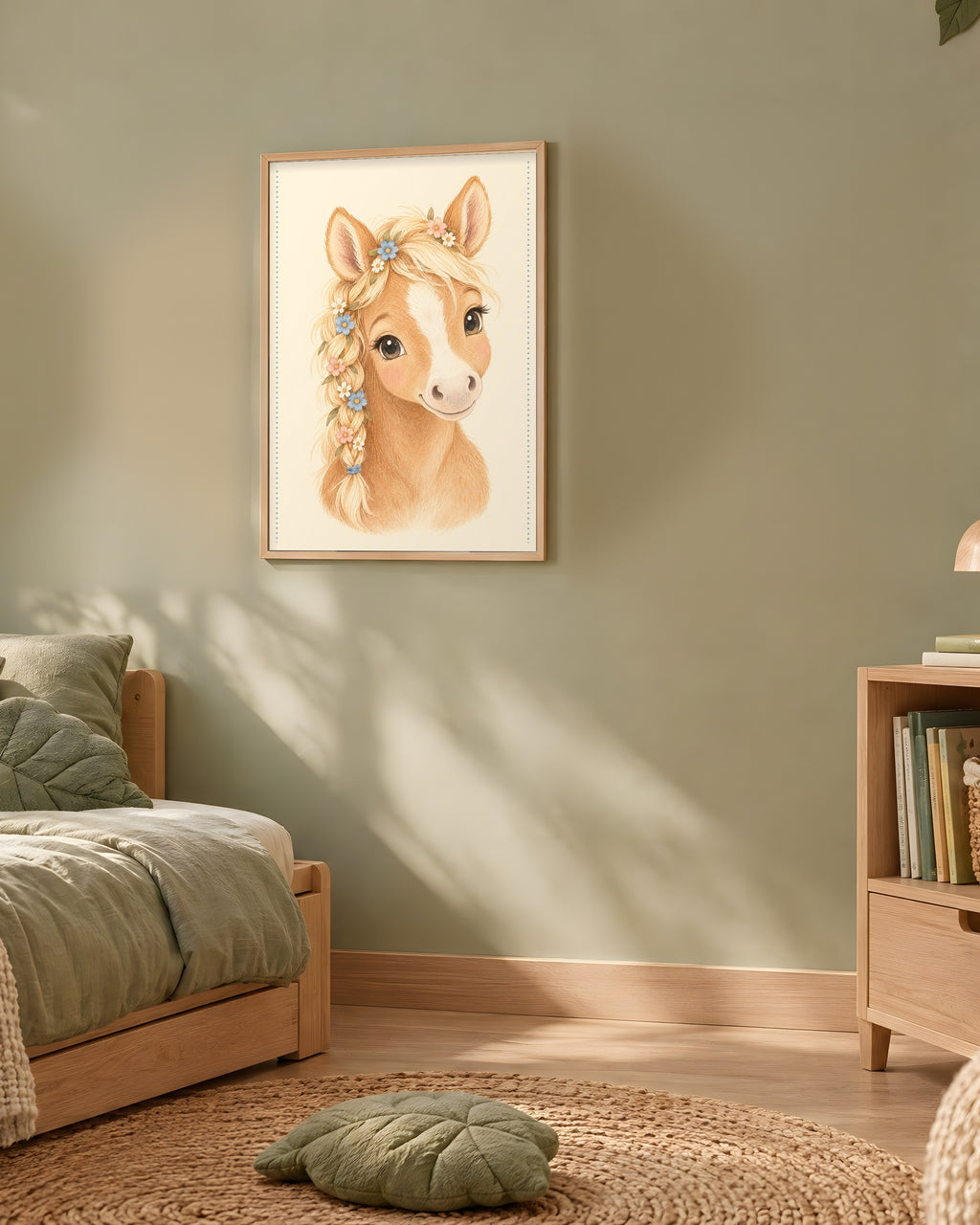 Poster Poulain Fleuri Encadré – Décoration Chambre Bébé Animaux Aquarelle – Cadre Chêne Prêt à Accrocher