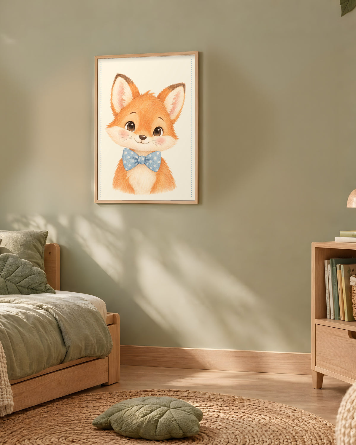 Poster Renardeau Nœud Papillon Encadré – Décoration Chambre Bébé Animaux Aquarelle – Cadre Chêne Prêt à Accrocher