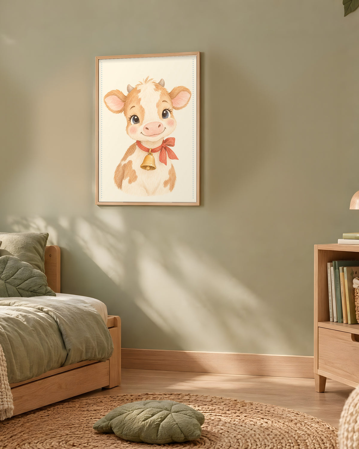 Poster Veau au Grelot Encadré – Décoration Chambre Bébé Animaux Aquarelle – Cadre Chêne Prêt à Accrocher