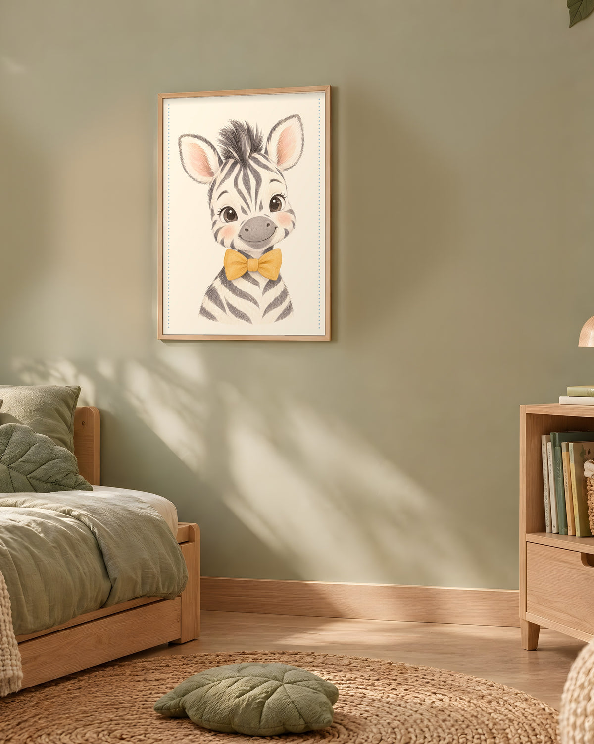 Poster Zèbre Nœud Papillon Encadré – Décoration Chambre Bébé Animaux Aquarelle – Cadre Chêne Prêt à Accrocher