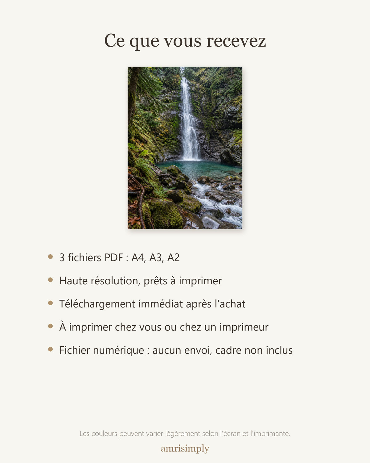 Poster Cascade en Forêt à Imprimer - Affiche Nature - Décoration Murale - Téléchargement Numérique