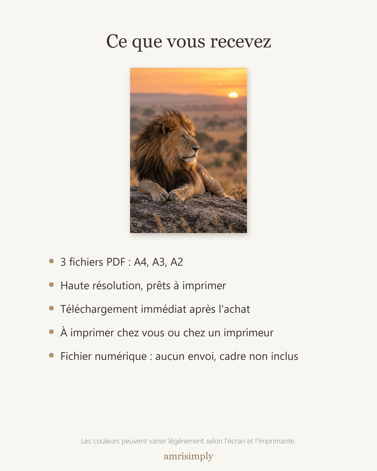 Poster Lion au lever du jour à Imprimer - Affiche Nature - Décoration Murale - Téléchargement Numérique