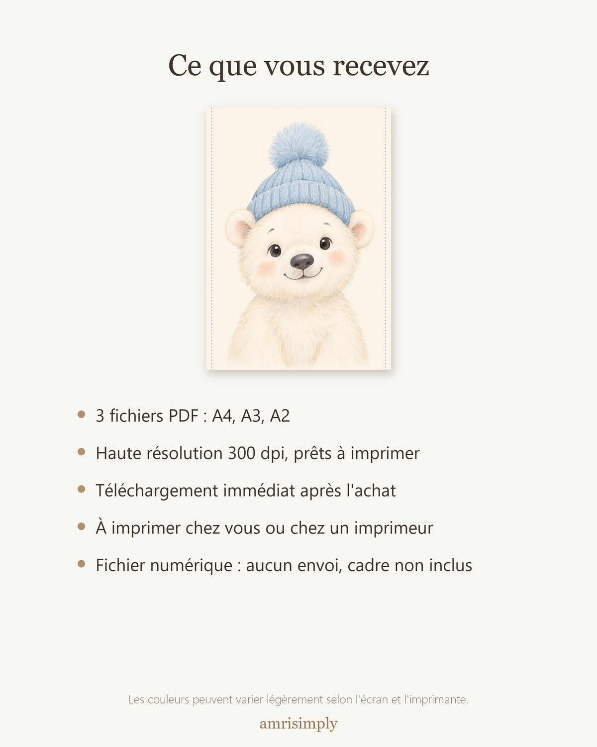 Poster Ours Polaire à Imprimer - Animal Polaire - Décoration Chambre Enfant Aquarelle - Téléchargement Numérique