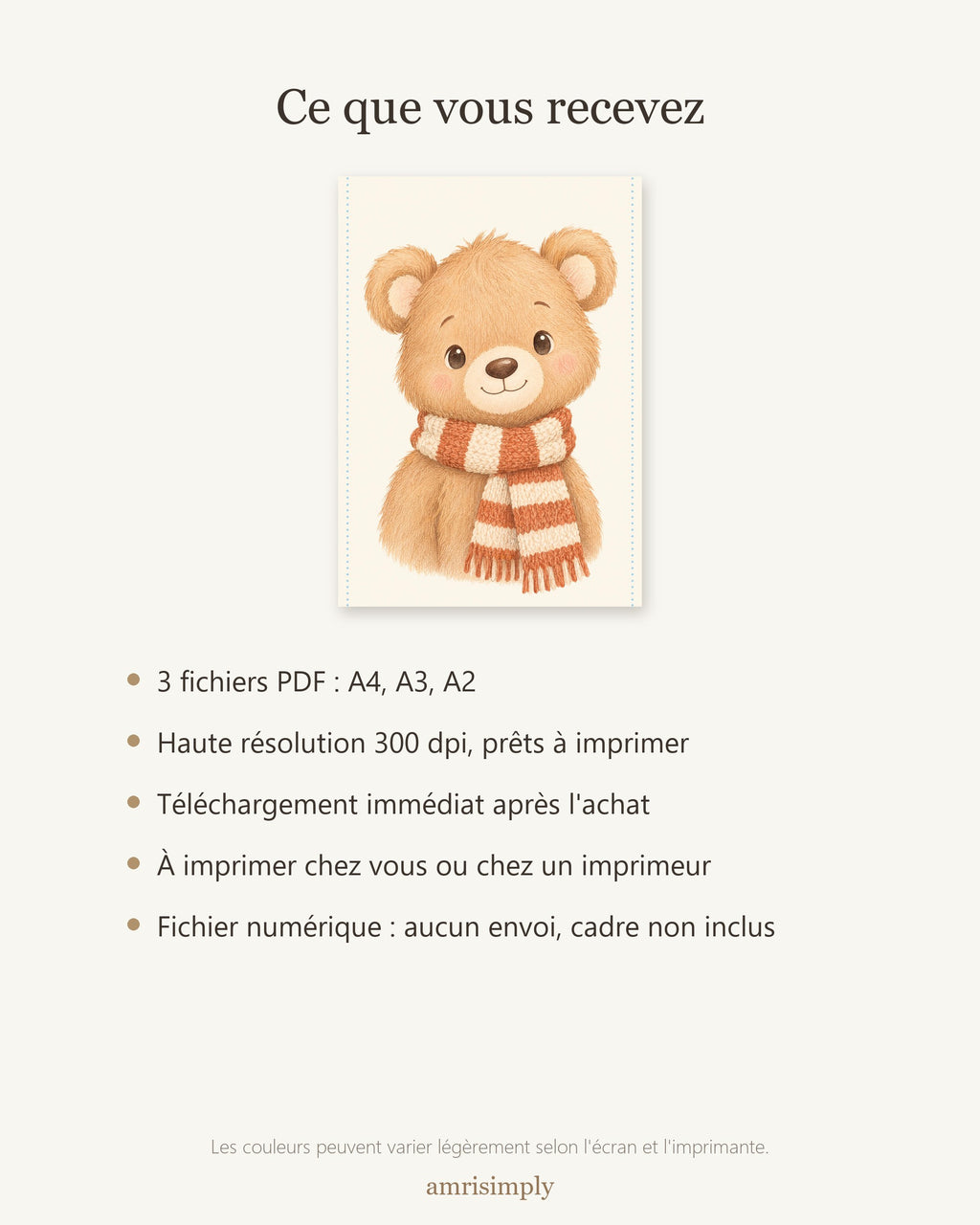 Ce que vous recevez : 3 fichiers PDF du poster ourson