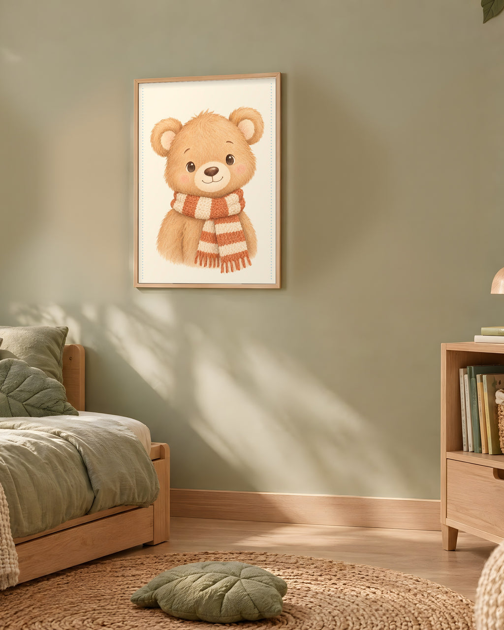 Poster ourson aquarelle encadré sur le mur d'une chambre d'enfant