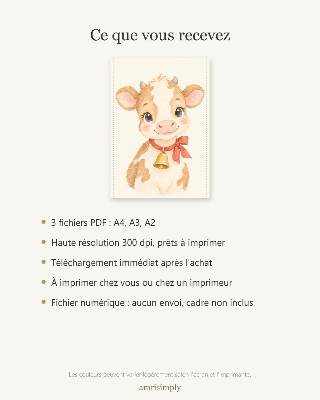 Poster Veau à Imprimer - Animal de la Ferme - Décoration Chambre Enfant Aquarelle - Téléchargement Numérique