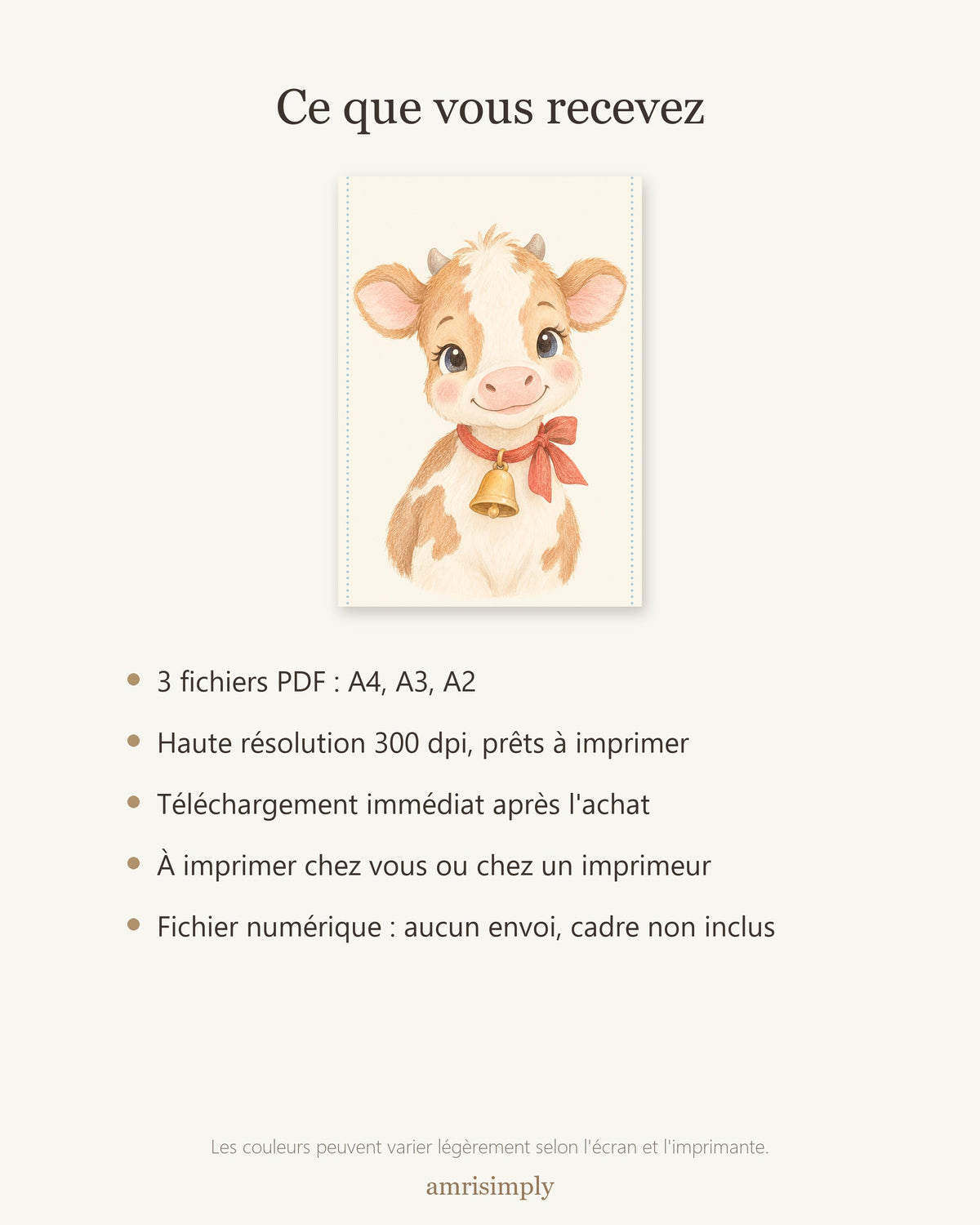 Poster Veau à Imprimer - Animal de la Ferme - Décoration Chambre Enfant Aquarelle - Téléchargement Numérique