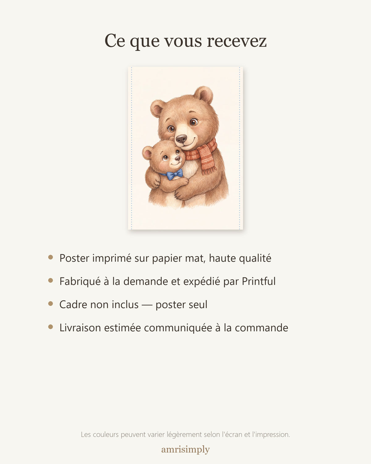 Poster Maman Ours et son Ourson Sans Cadre – Décoration Chambre Bébé Animaux Aquarelle – Papier Mat