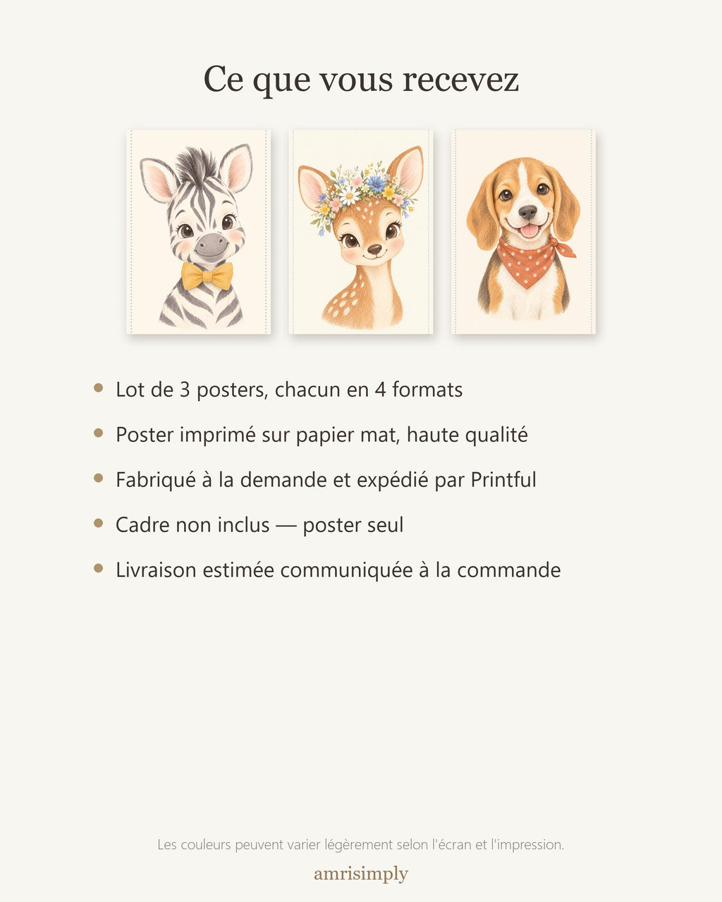 Lot 3 Posters Sans Cadre Petits Explorateurs – Zèbre Faon Chiot Beagle – Décoration Chambre Bébé Aquarelle – Papier Mat