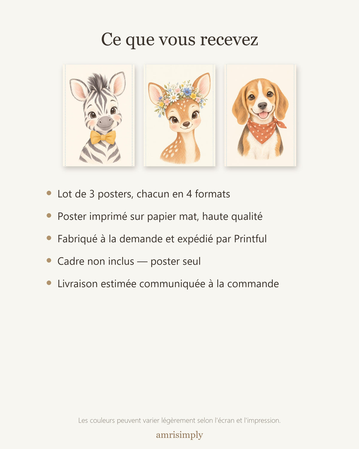 Lot 3 Posters Sans Cadre Petits Explorateurs – Zèbre Faon Chiot Beagle – Décoration Chambre Bébé Aquarelle – Papier Mat