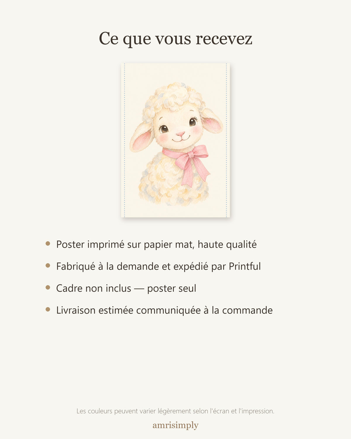 Poster Agneau Nœud Rose Sans Cadre – Décoration Chambre Bébé Animaux Aquarelle – Papier Mat