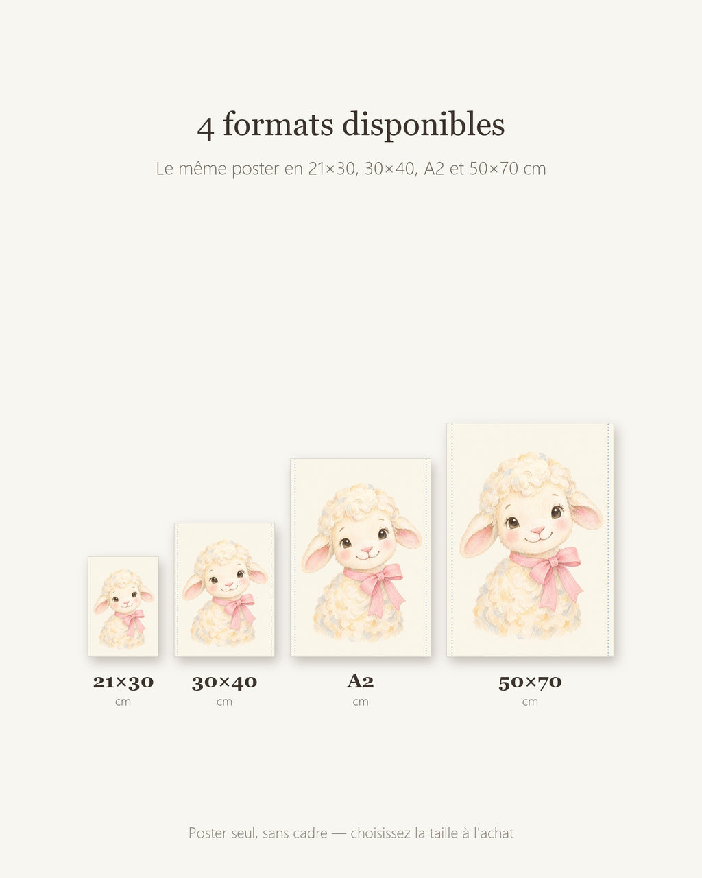 Poster Agneau Nœud Rose Sans Cadre – Décoration Chambre Bébé Animaux Aquarelle – Papier Mat