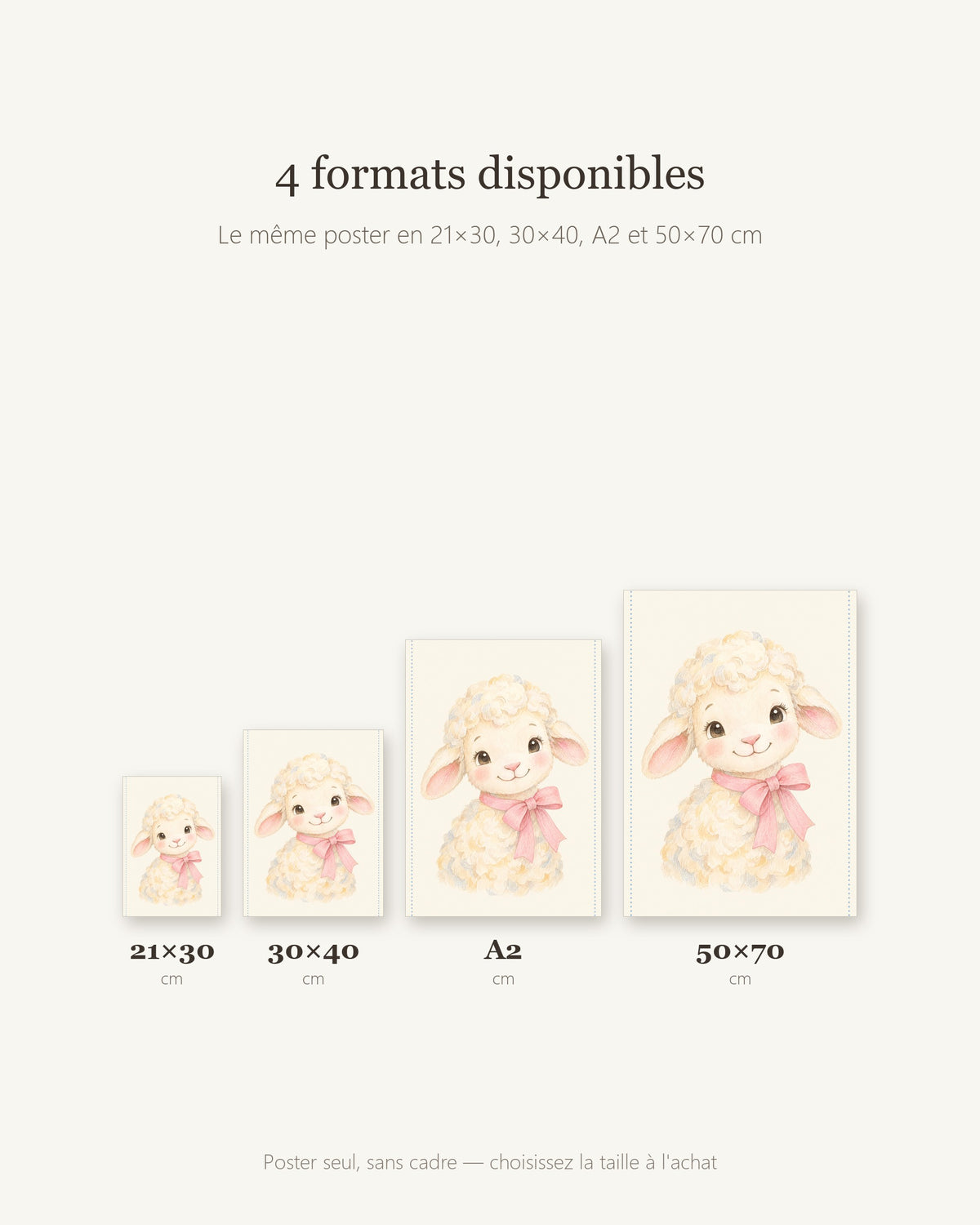 Poster Agneau Nœud Rose Sans Cadre – Décoration Chambre Bébé Animaux Aquarelle – Papier Mat