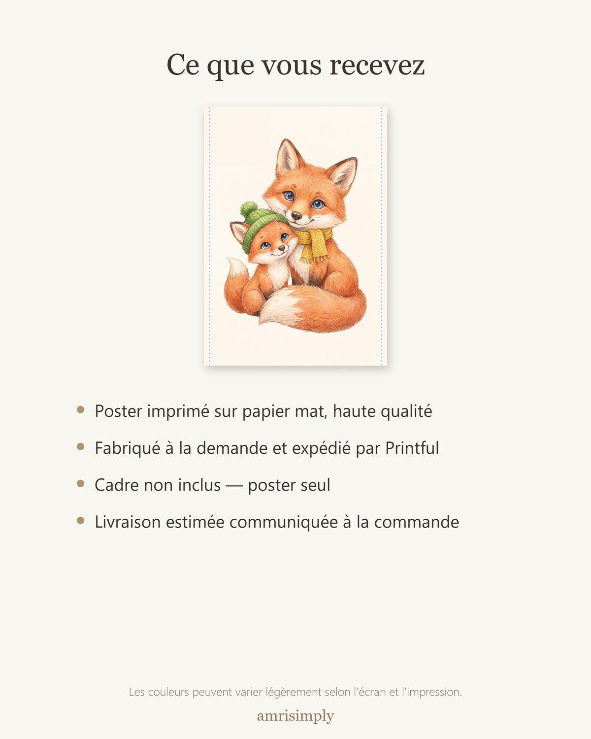 Poster Maman Renard et son Renardeau Sans Cadre – Décoration Chambre Bébé Animaux Aquarelle – Papier Mat