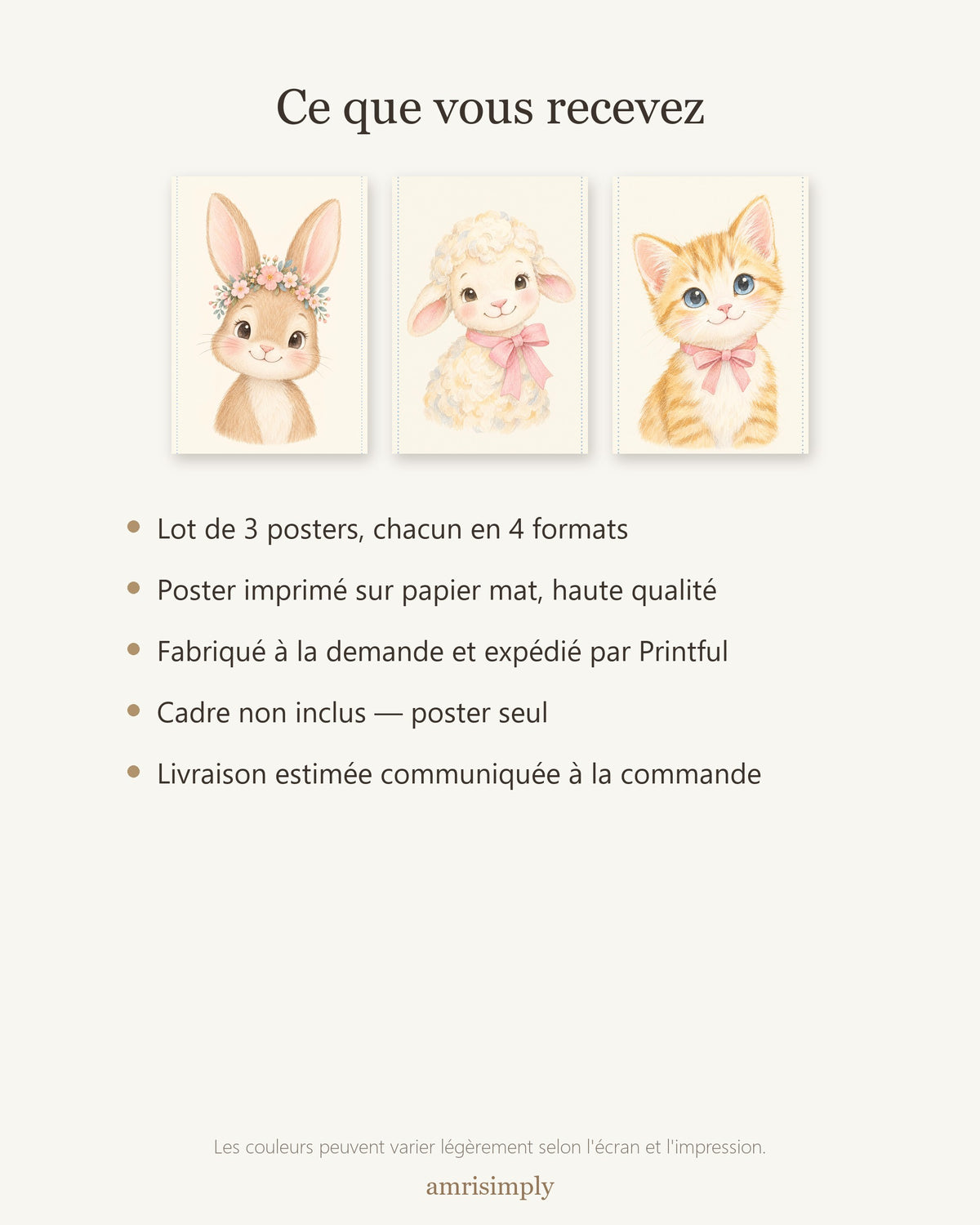 Lot 3 Posters Sans Cadre Doux comme un Nuage – Lapereau Agneau Chaton – Décoration Chambre Bébé Aquarelle – Papier Mat