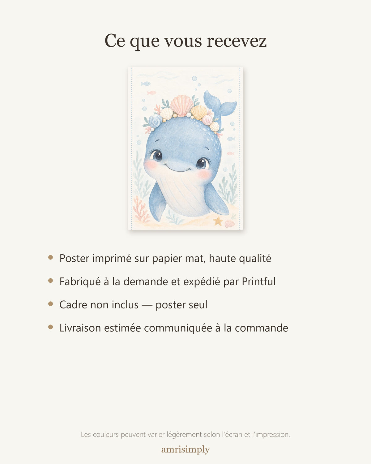 Poster Baleine aux Coquillages Sans Cadre – Décoration Chambre Bébé Animaux Aquarelle – Papier Mat
