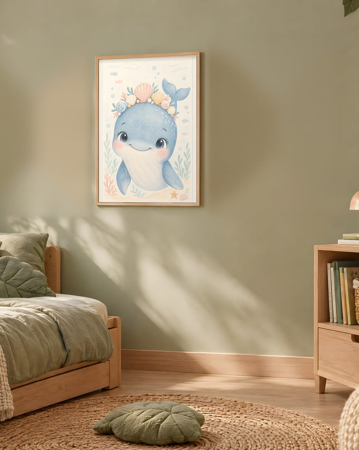 Poster Baleine aux Coquillages Sans Cadre – Décoration Chambre Bébé Animaux Aquarelle – Papier Mat