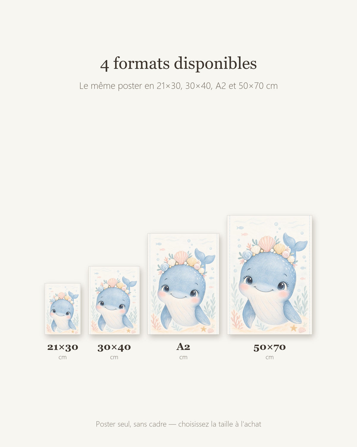 Poster Baleine aux Coquillages Sans Cadre – Décoration Chambre Bébé Animaux Aquarelle – Papier Mat