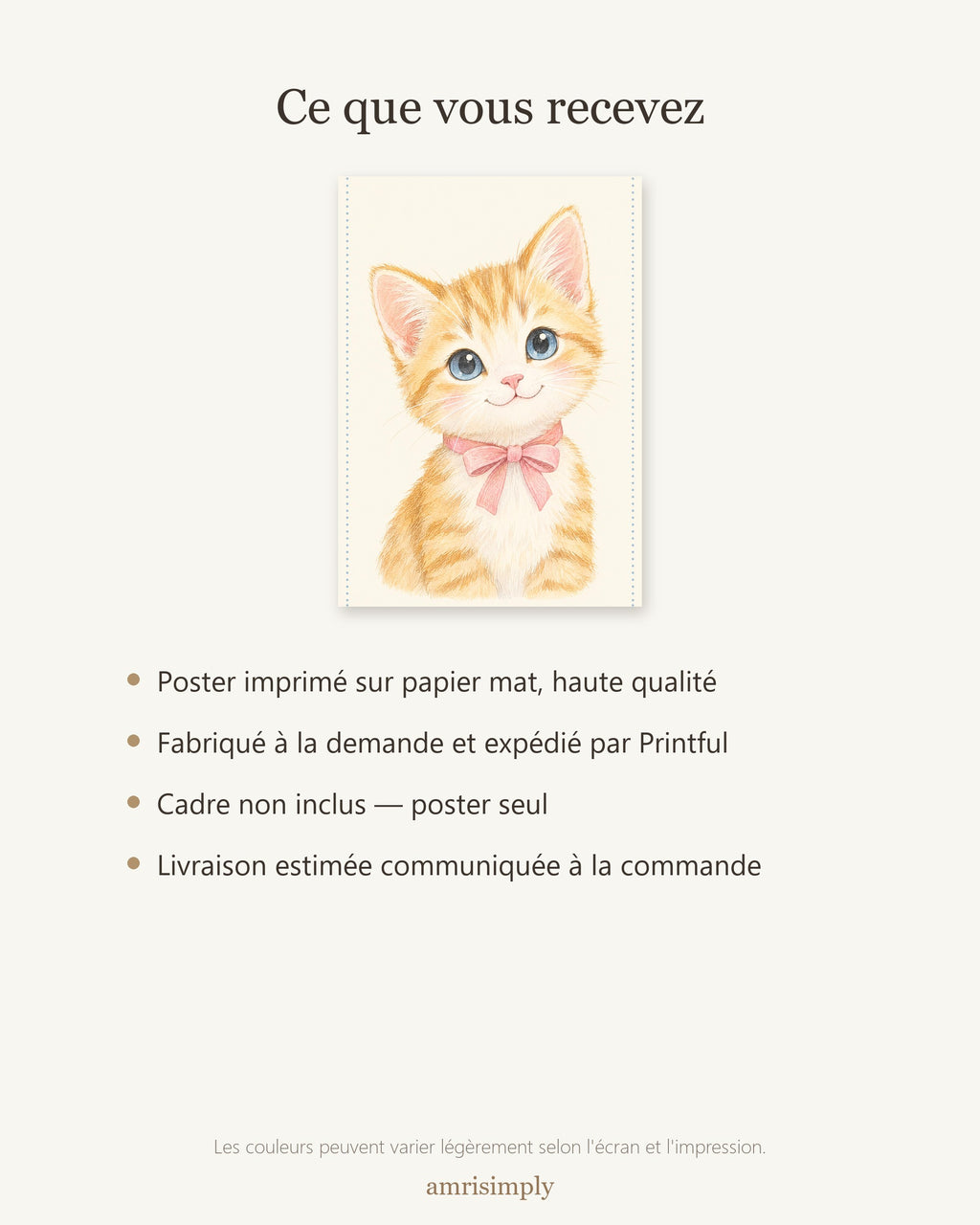 Poster Chaton Nœud Rose Sans Cadre – Décoration Chambre Bébé Animaux Aquarelle – Papier Mat