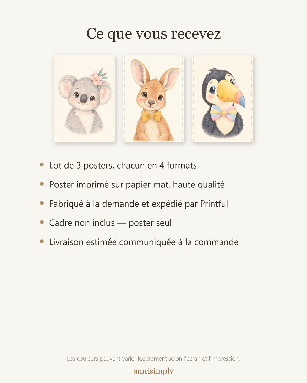 Lot 3 Posters Sans Cadre Trésors d'Ailleurs – Koala Kangourou Toucan – Décoration Chambre Bébé Aquarelle – Papier Mat