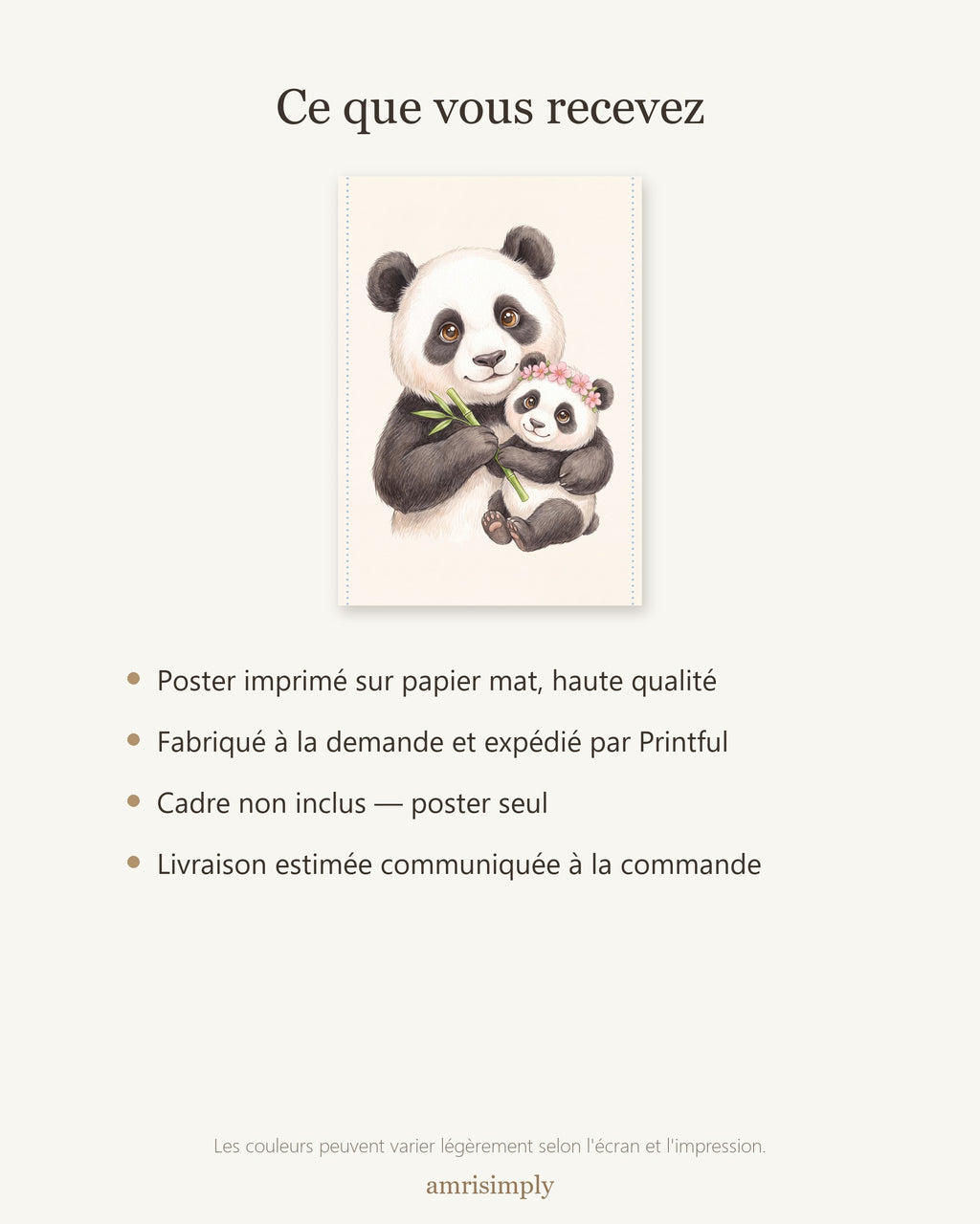 Poster Maman Panda et son Bébé Sans Cadre – Décoration Chambre Bébé Animaux Aquarelle – Papier Mat