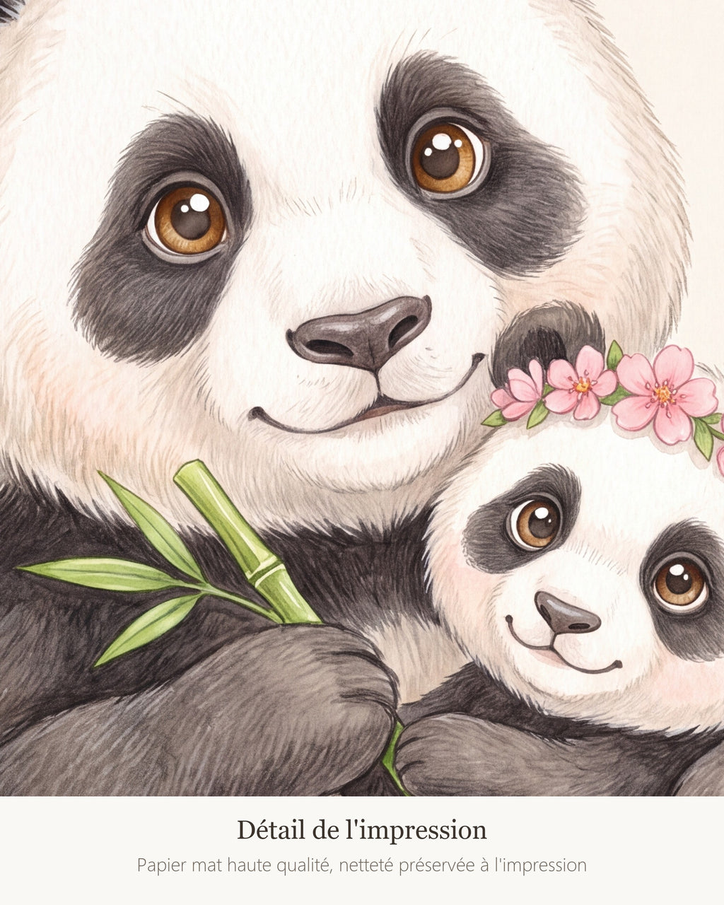 Poster Maman Panda et son Bébé Sans Cadre – Décoration Chambre Bébé Animaux Aquarelle – Papier Mat