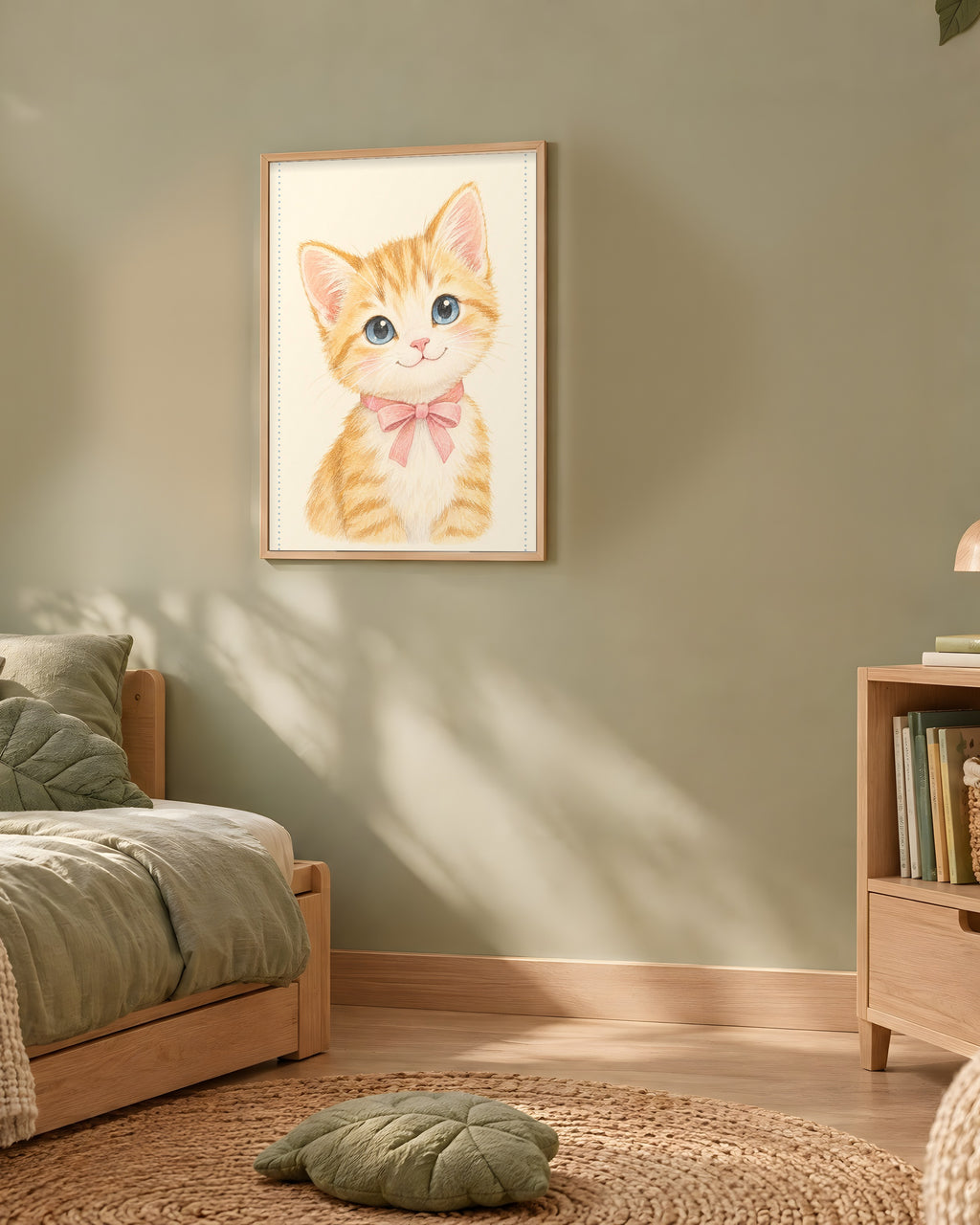 Poster Chaton Nœud Rose Sans Cadre – Décoration Chambre Bébé Animaux Aquarelle – Papier Mat