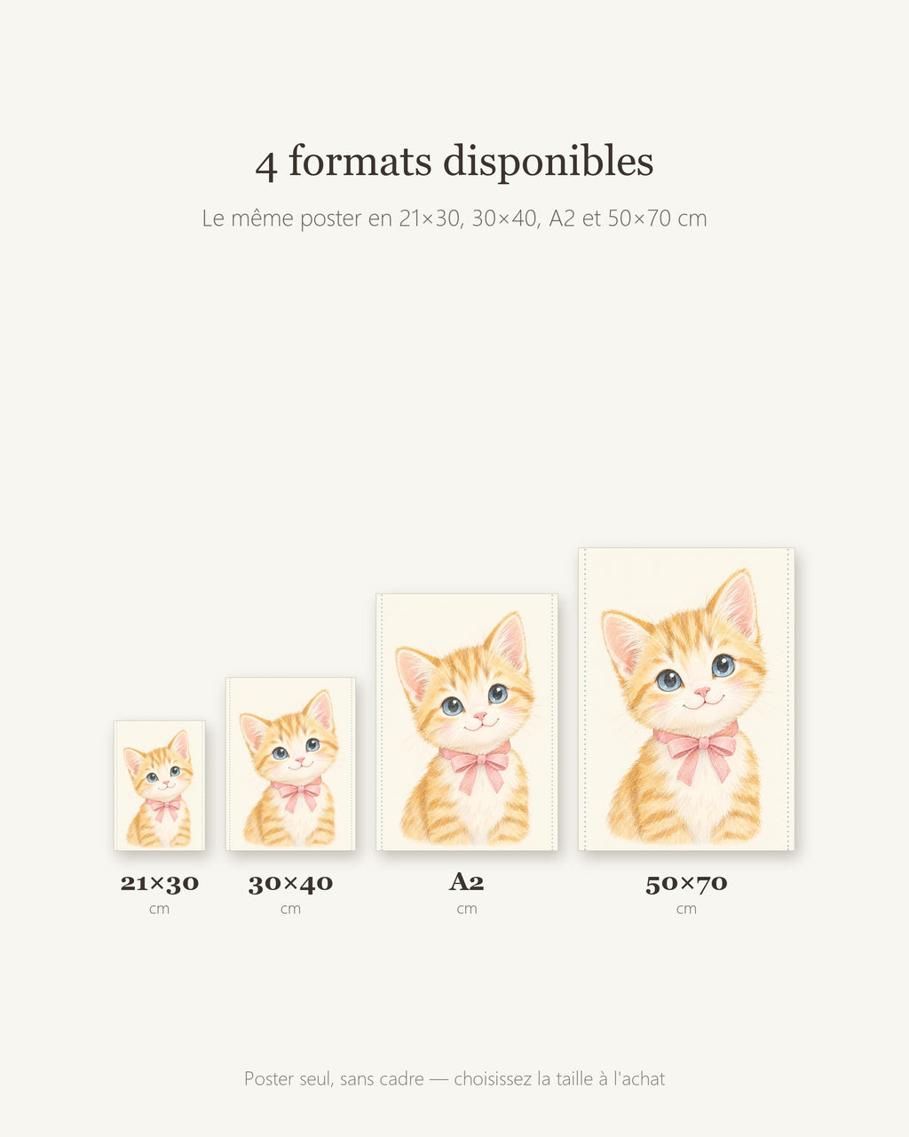 Poster Chaton Nœud Rose Sans Cadre – Décoration Chambre Bébé Animaux Aquarelle – Papier Mat