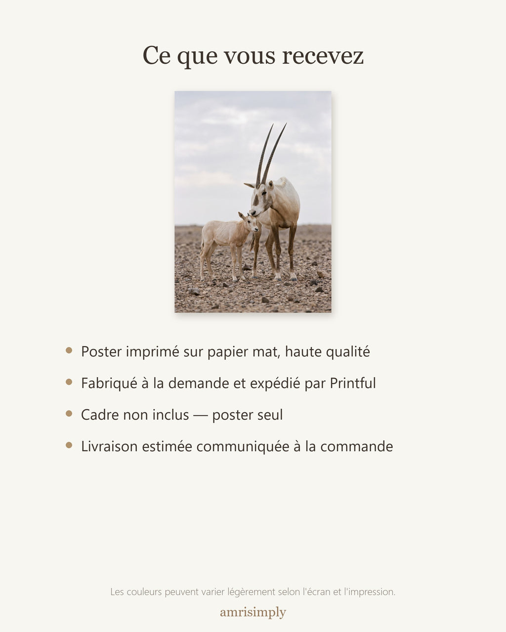 Poster Oryx d'Arabie et son Petit Sans Cadre - Affiche Nature - Papier Mat - Décoration Murale