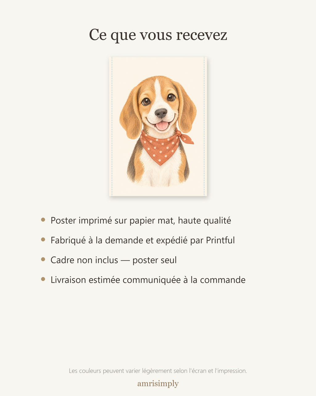 Poster Chiot Beagle Sans Cadre – Décoration Chambre Bébé Animaux Aquarelle – Papier Mat