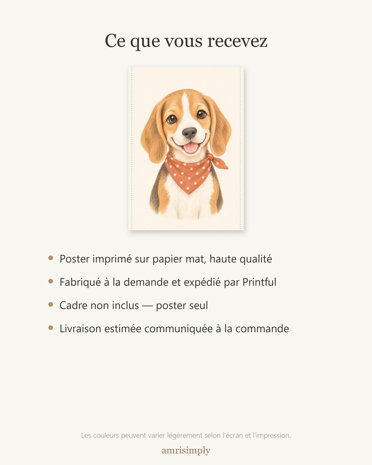 Poster Chiot Beagle Sans Cadre – Décoration Chambre Bébé Animaux Aquarelle – Papier Mat