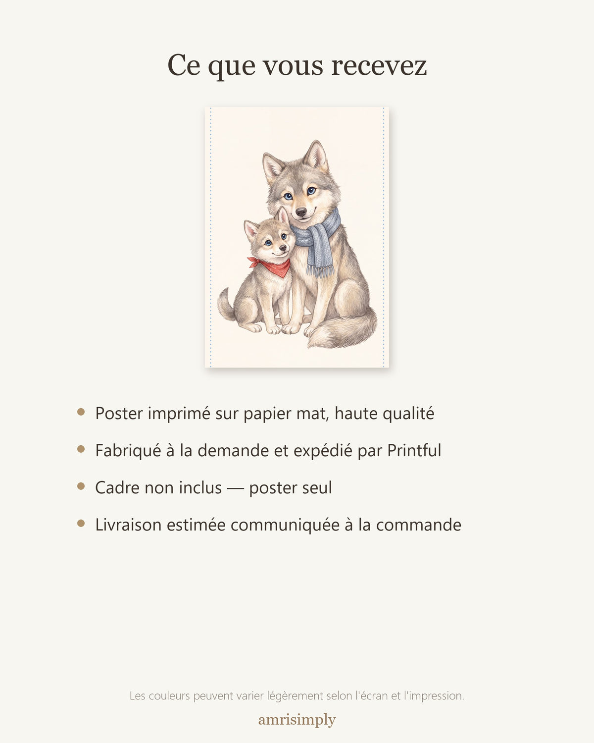 Poster Maman Louve et son Louveteau Sans Cadre – Décoration Chambre Bébé Animaux Aquarelle – Papier Mat