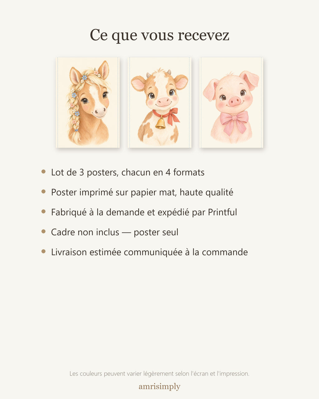 Lot 3 Posters Sans Cadre Amis de la Ferme – Cochonnet Veau Poulain – Décoration Chambre Bébé Aquarelle – Papier Mat