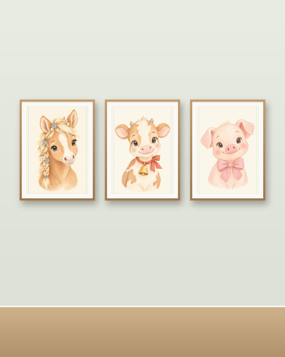 Lot 3 Posters Sans Cadre Amis de la Ferme – Cochonnet Veau Poulain – Décoration Chambre Bébé Aquarelle – Papier Mat