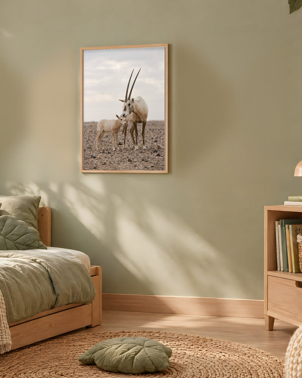 Poster Oryx d'Arabie et son Petit Sans Cadre - Affiche Nature - Papier Mat - Décoration Murale