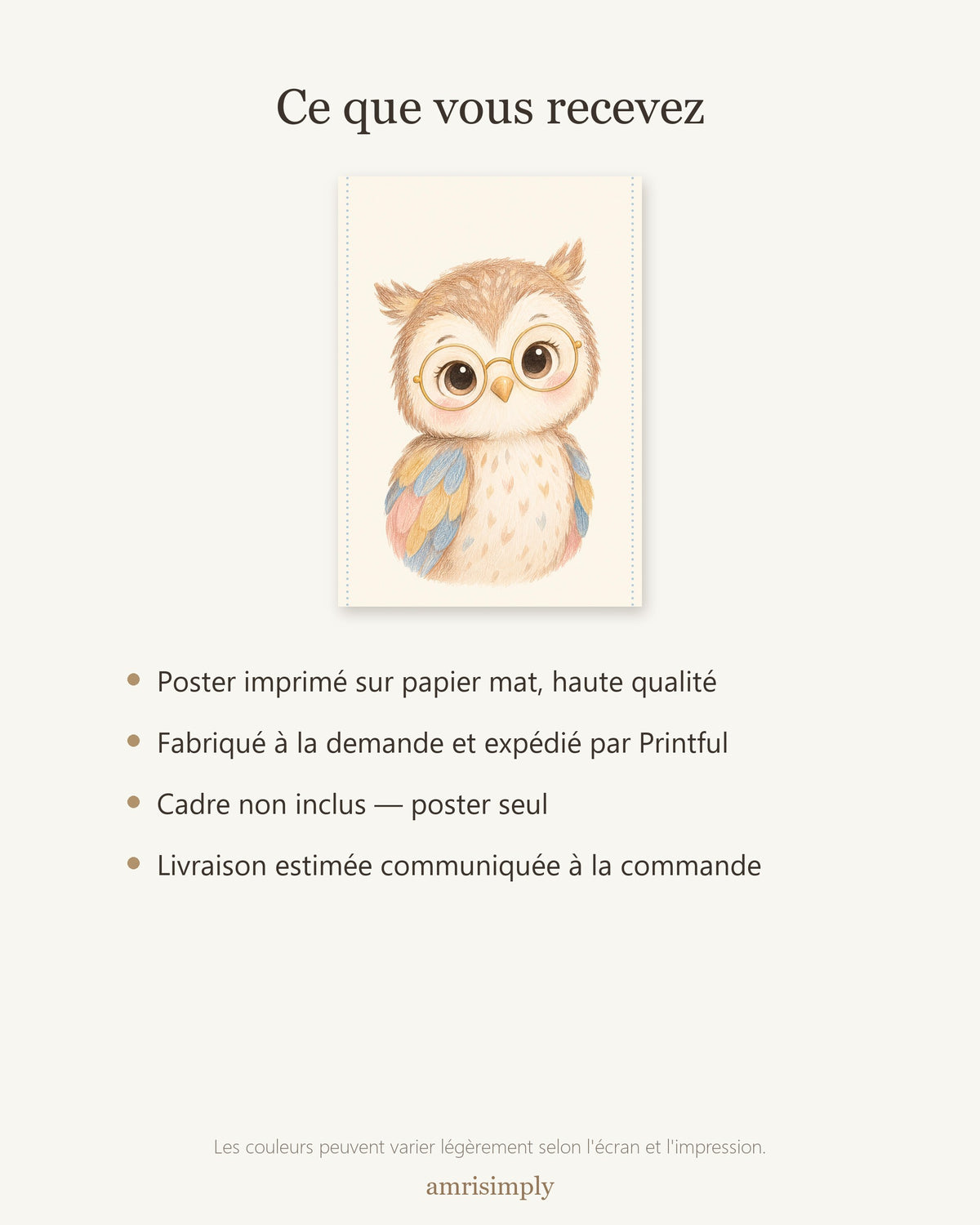 Poster Chouette à Lunettes Sans Cadre – Décoration Chambre Bébé Animaux Aquarelle – Papier Mat