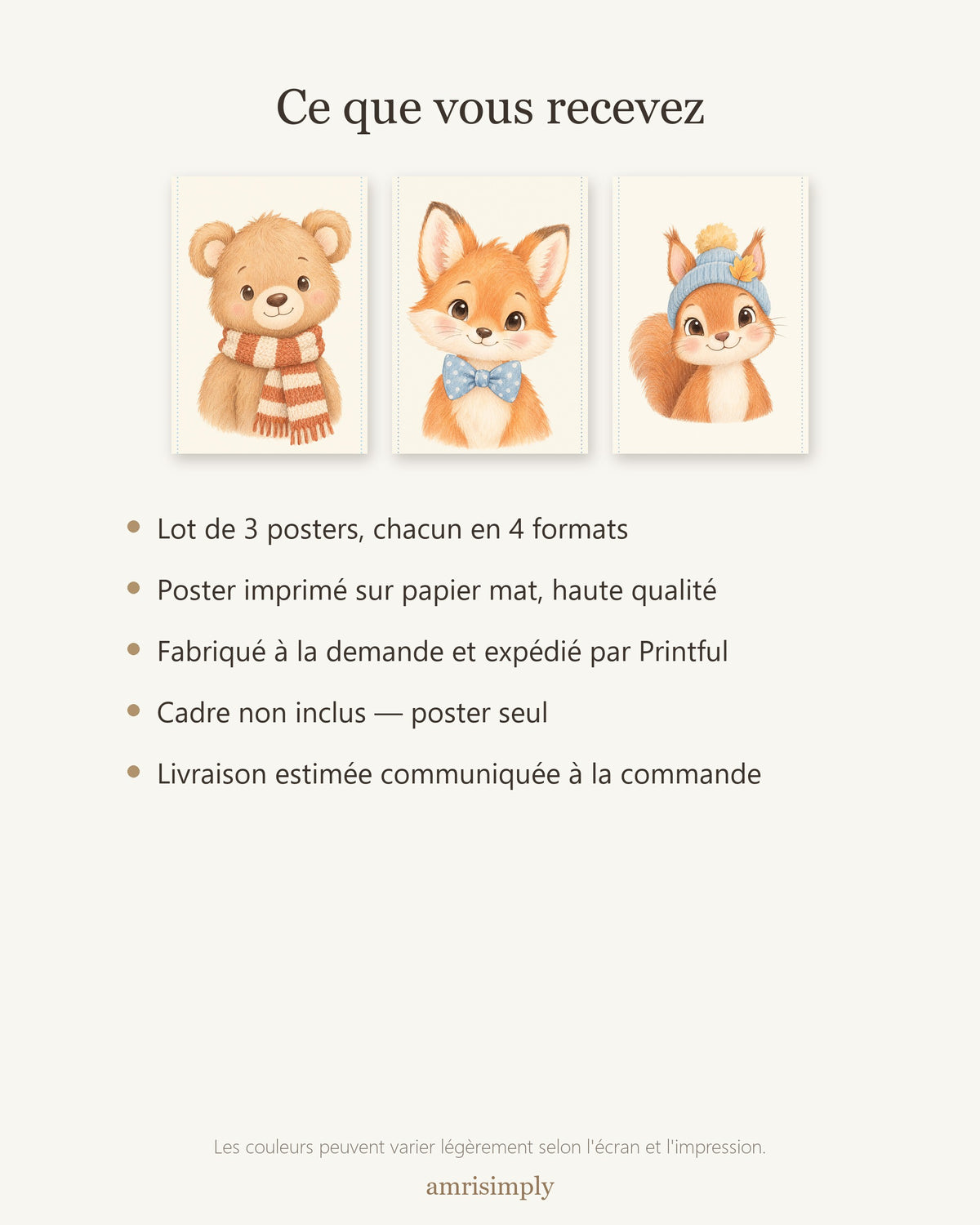 Lot 3 Posters Sans Cadre Copains de la Forêt – Ourson Renardeau Écureuil – Décoration Chambre Bébé Aquarelle – Papier Mat