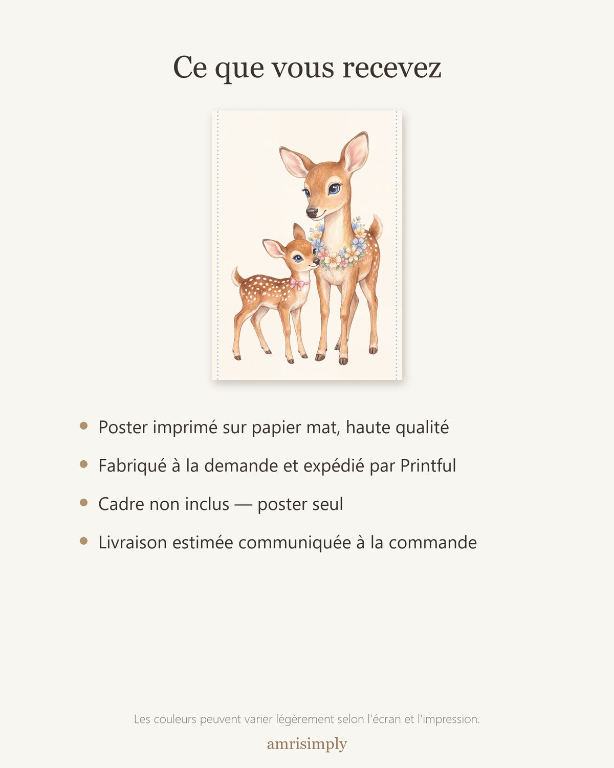 Poster Maman Biche et son Faon Sans Cadre – Décoration Chambre Bébé Animaux Aquarelle – Papier Mat