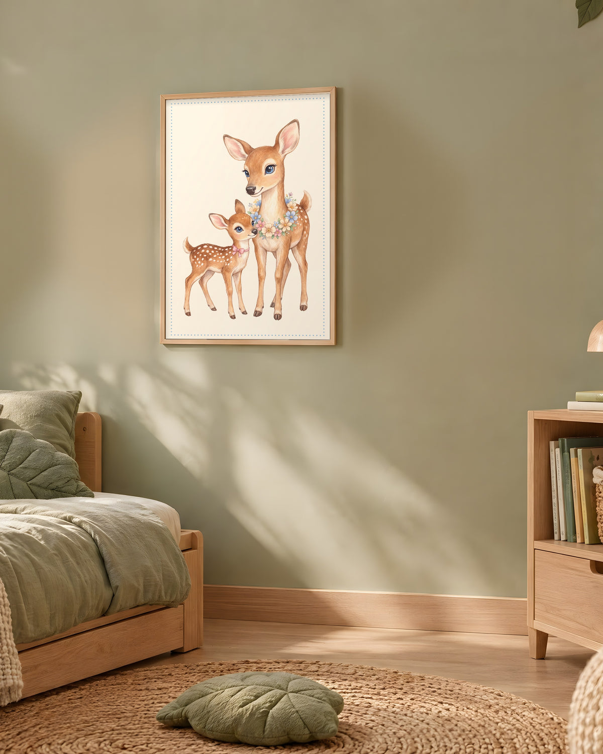 Poster Maman Biche et son Faon Sans Cadre – Décoration Chambre Bébé Animaux Aquarelle – Papier Mat