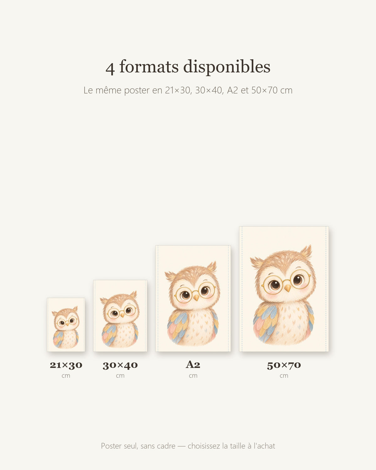 Poster Chouette à Lunettes Sans Cadre – Décoration Chambre Bébé Animaux Aquarelle – Papier Mat
