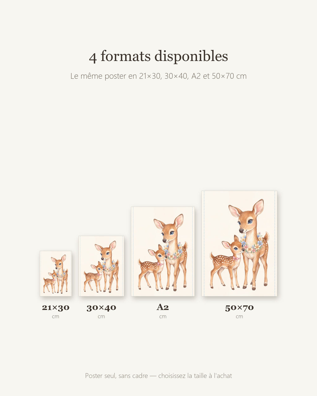 Poster Maman Biche et son Faon Sans Cadre – Décoration Chambre Bébé Animaux Aquarelle – Papier Mat