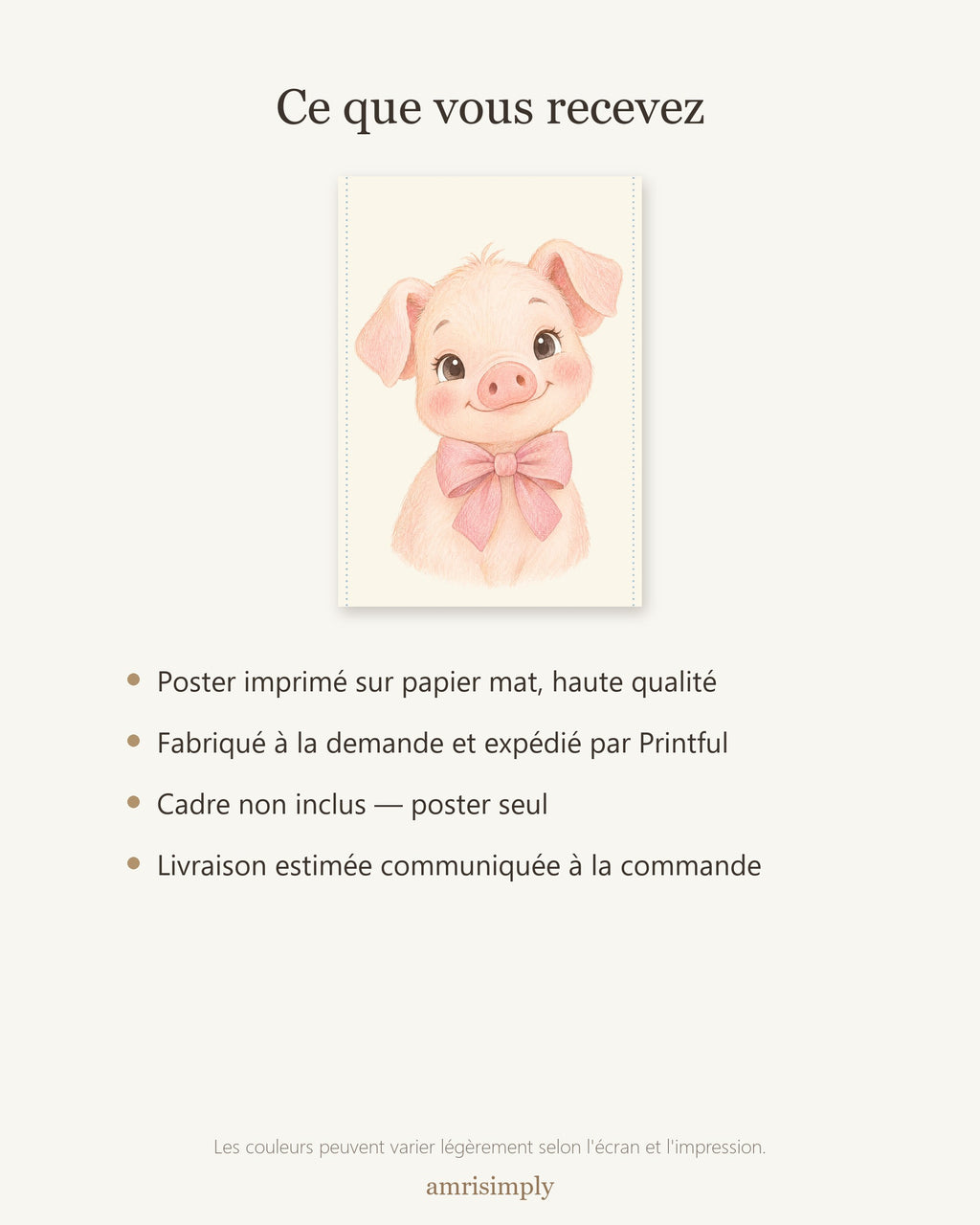 Poster Cochonnet Nœud Rose Sans Cadre – Décoration Chambre Bébé Animaux Aquarelle – Papier Mat