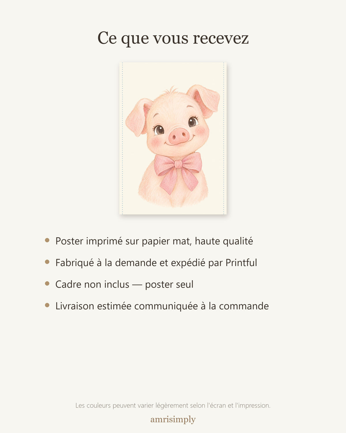 Poster Cochonnet Nœud Rose Sans Cadre – Décoration Chambre Bébé Animaux Aquarelle – Papier Mat