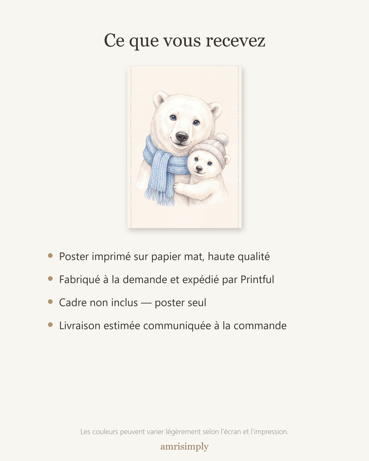 Poster Maman Ours Polaire et son Ourson Sans Cadre – Décoration Chambre Bébé Animaux Aquarelle – Papier Mat