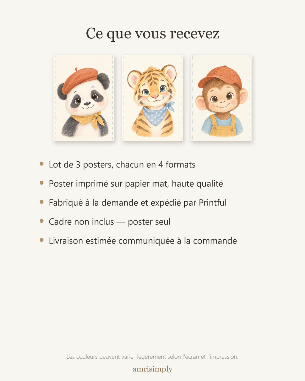 Lot 3 Posters Sans Cadre Jungle d'Asie – Panda Tigre Singe – Décoration Chambre Bébé Aquarelle – Papier Mat