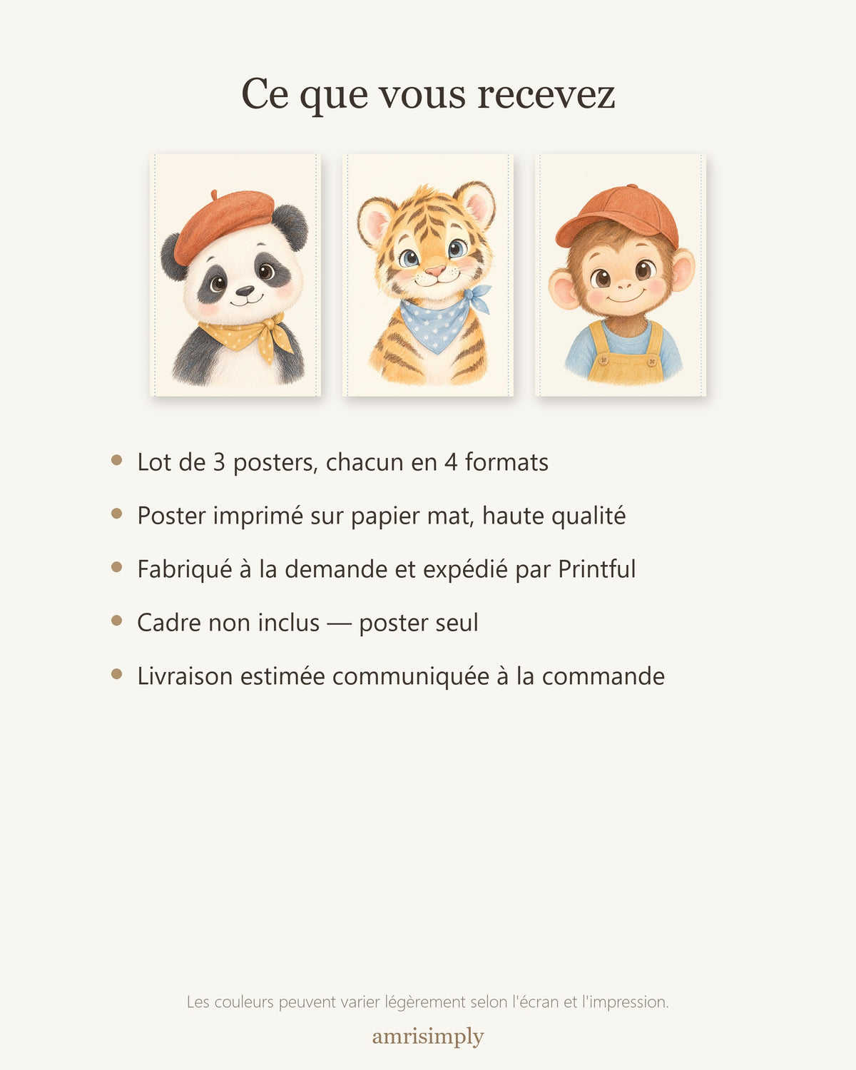 Lot 3 Posters Sans Cadre Jungle d'Asie – Panda Tigre Singe – Décoration Chambre Bébé Aquarelle – Papier Mat