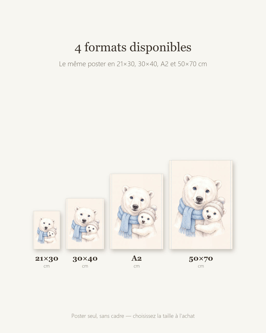 Poster Maman Ours Polaire et son Ourson Sans Cadre – Décoration Chambre Bébé Animaux Aquarelle – Papier Mat