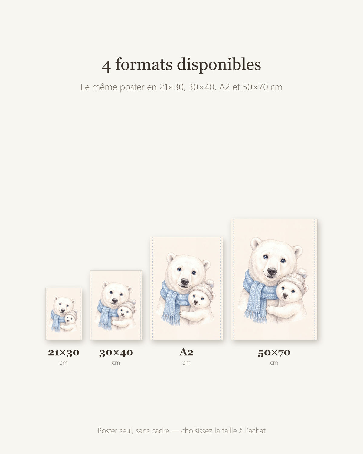 Poster Maman Ours Polaire et son Ourson Sans Cadre – Décoration Chambre Bébé Animaux Aquarelle – Papier Mat