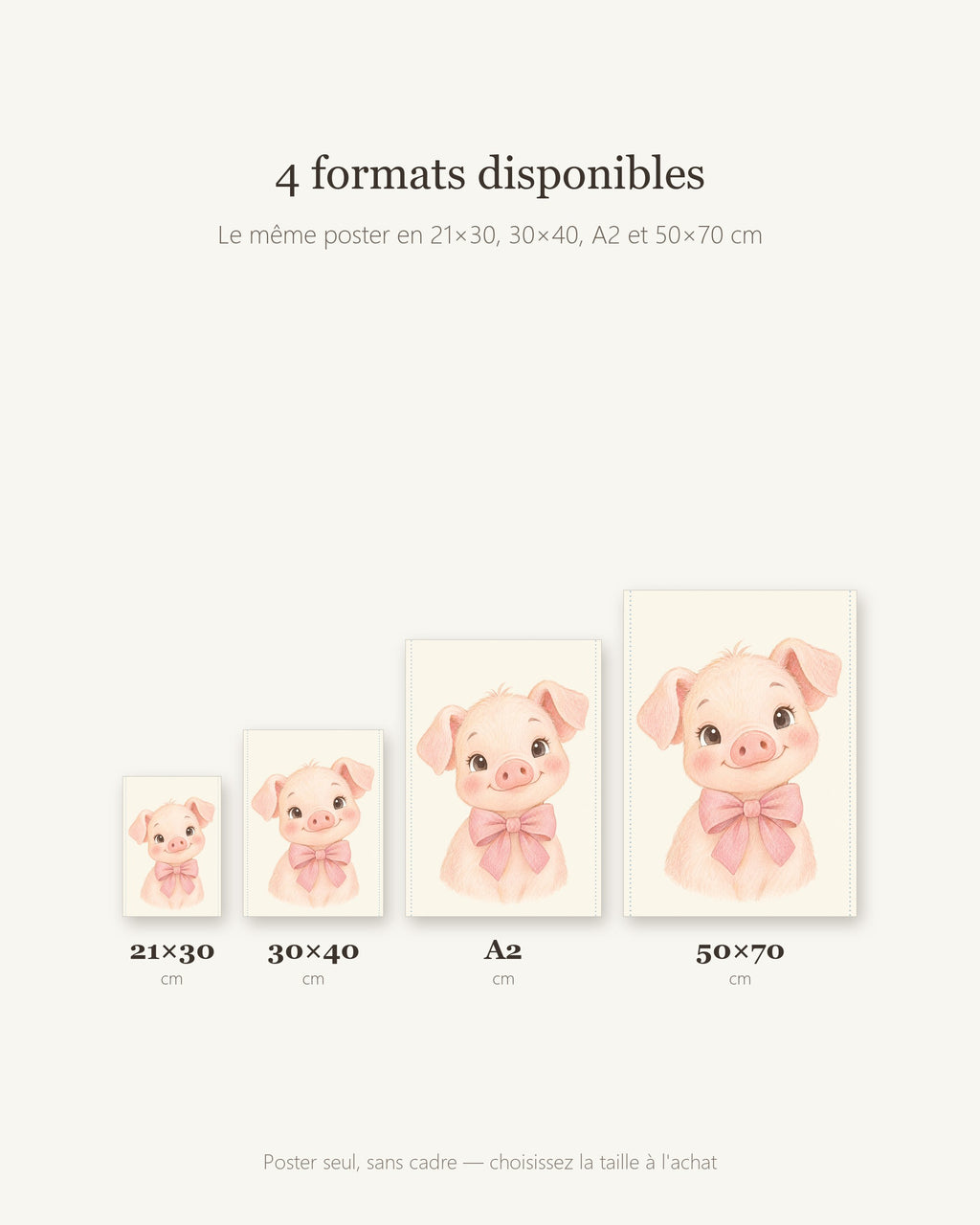 Poster Cochonnet Nœud Rose Sans Cadre – Décoration Chambre Bébé Animaux Aquarelle – Papier Mat